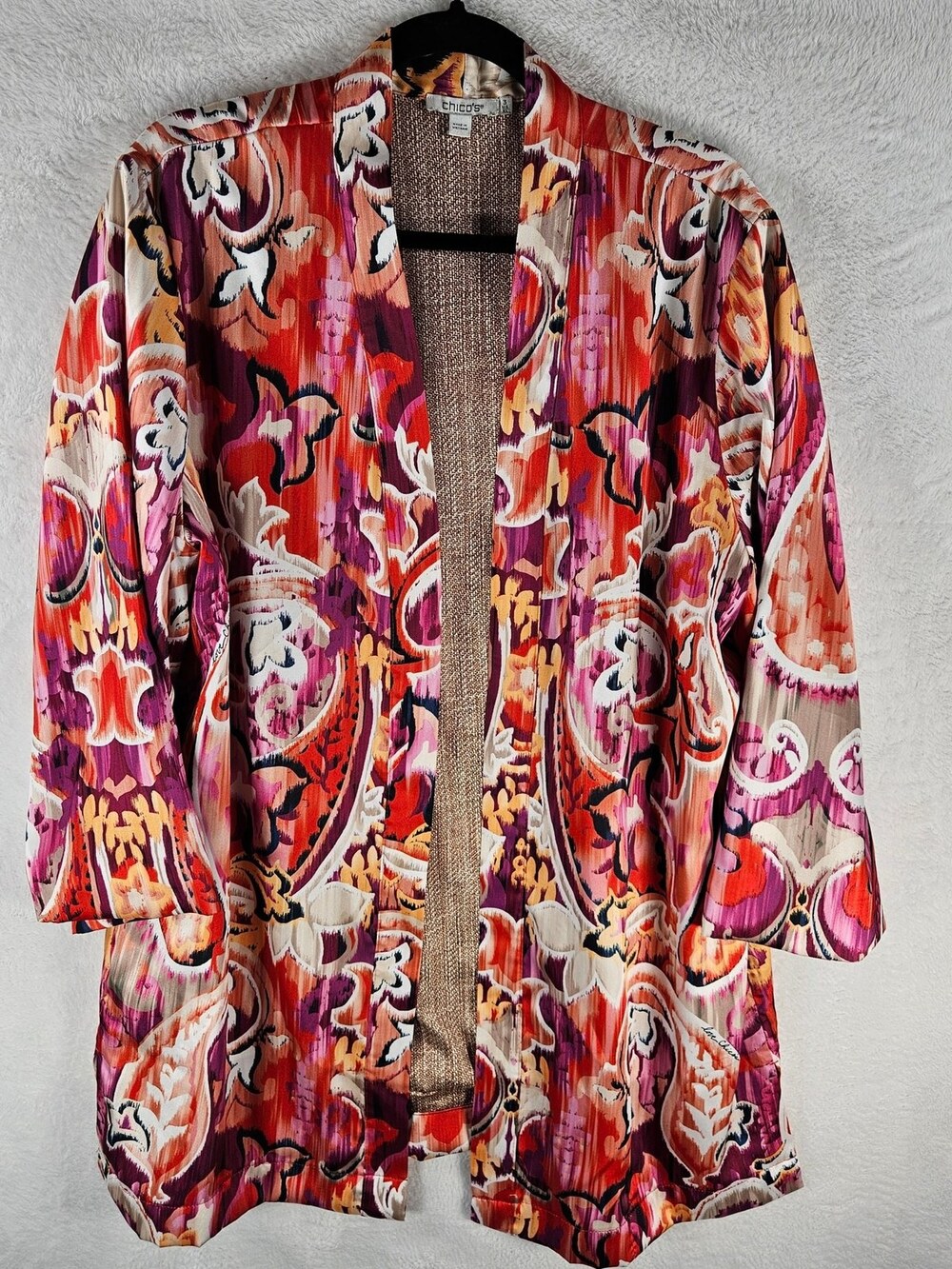 Chico's Open Front Cardigan Red Purple Ikat Paisley Women's Size XL